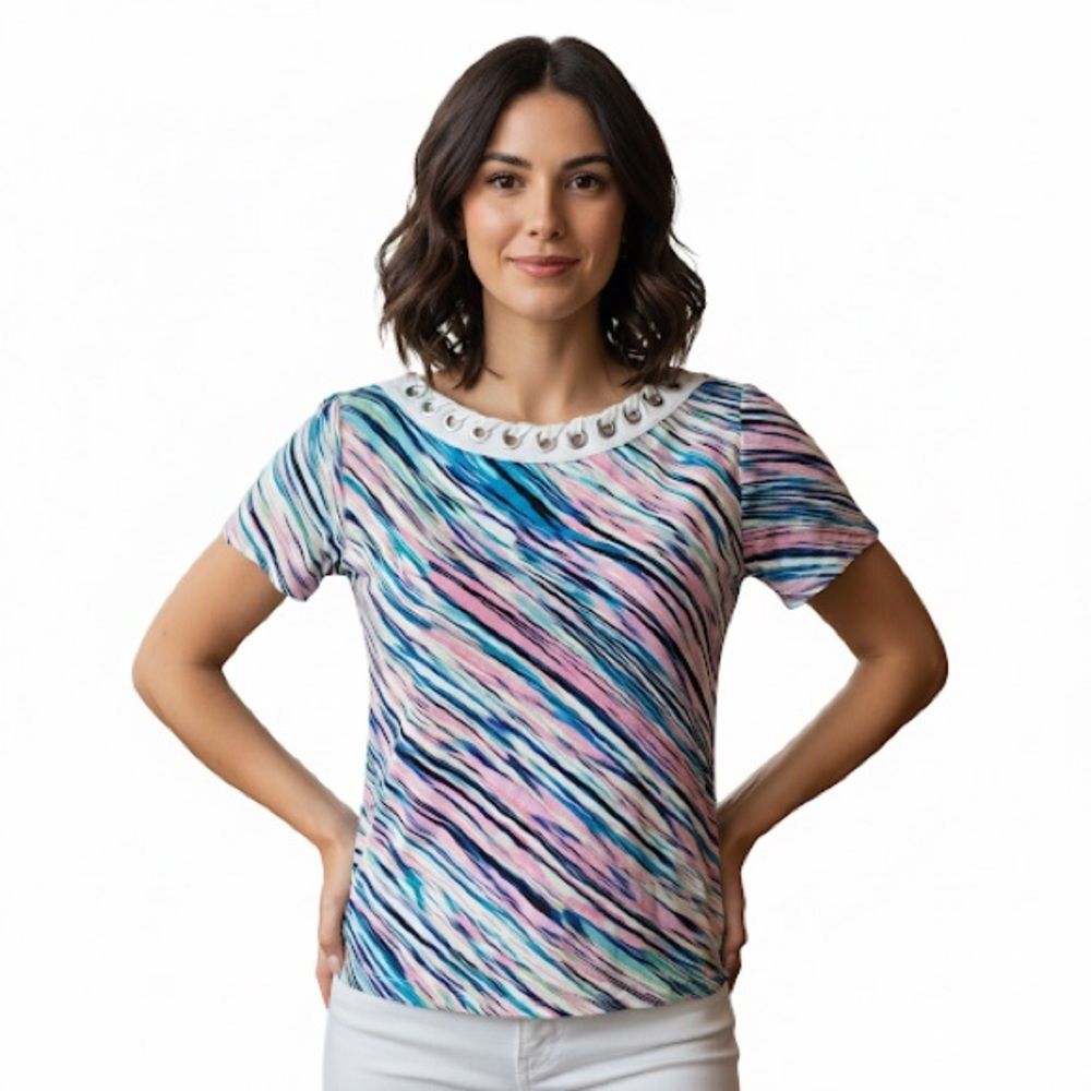 Rafaella Watercolor Striped Grommet-Detail Boatneck Short Sleeve Top Size Medium